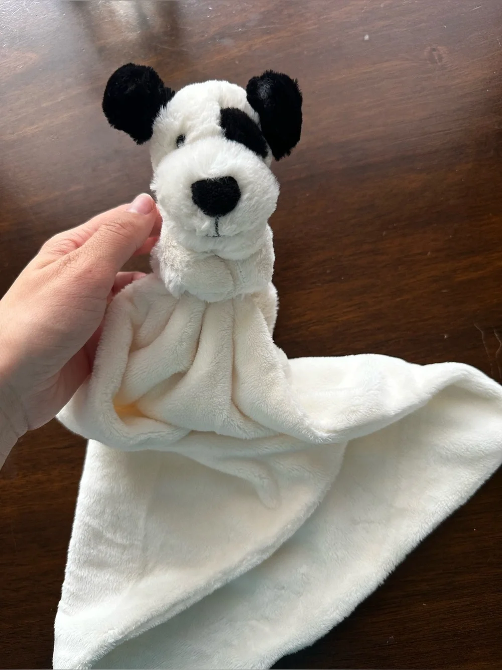 Jellycat Bashful Black & Cream Puppy Soother, a soft security blanket